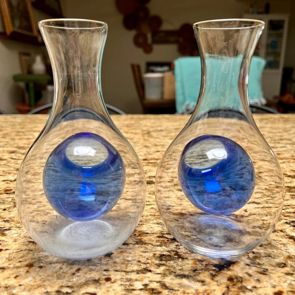 Pair of Hand Blown Glass Japanese Sake Carafes with Cobalt Blue Ice Pockets 6.5